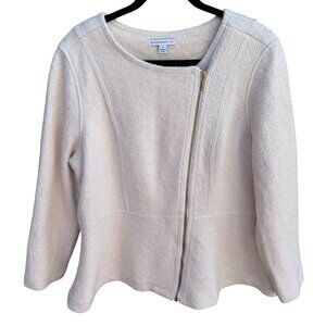 Isaac Mizrahi Womens Winter White Wool Blend Zip-Up Boucle Peplum Moto Jacket L‎